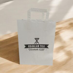 valkoinen paperikassi painatuksella, litteät kahvat